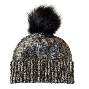 LOFT Black and Gray Knit Pom-Pom Hat